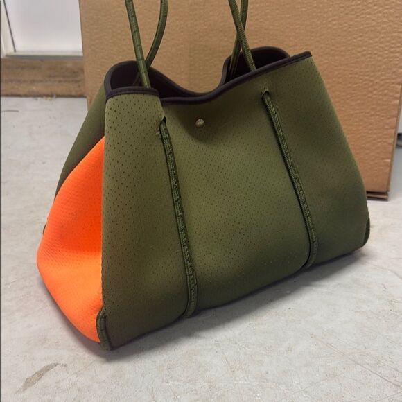 Stylish Olive Green and Orange Tote Bag - Neoprene Tote w Small Orange Clutch - Picture 2 of 6
